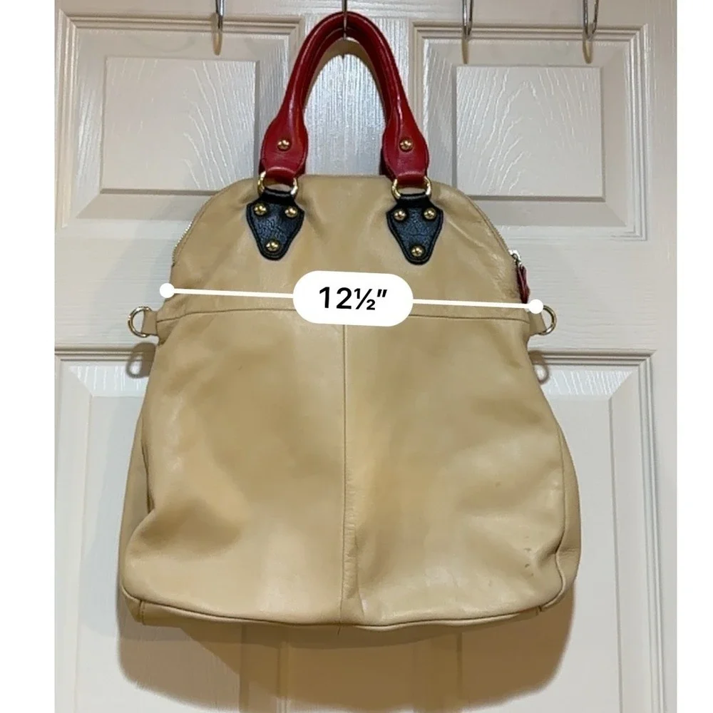 Emma Fox Leather Colorblock Satchel Backpack Beige Black Red Gold Turn Lock